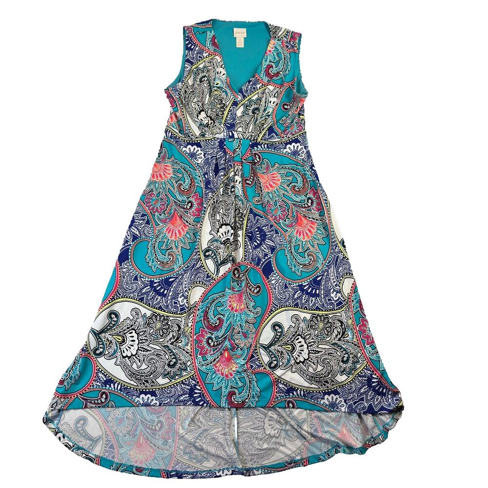 Chico's Dress Women 0 Blue Paisley High-Low Maxi Sleeveless V-Neck Resort Boho